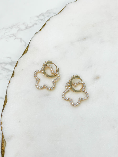Pearl-Studded Flower Dangle Earrings