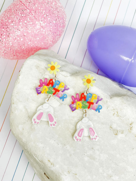 'Happy Easter' Bunny Tail Dangle Earrings