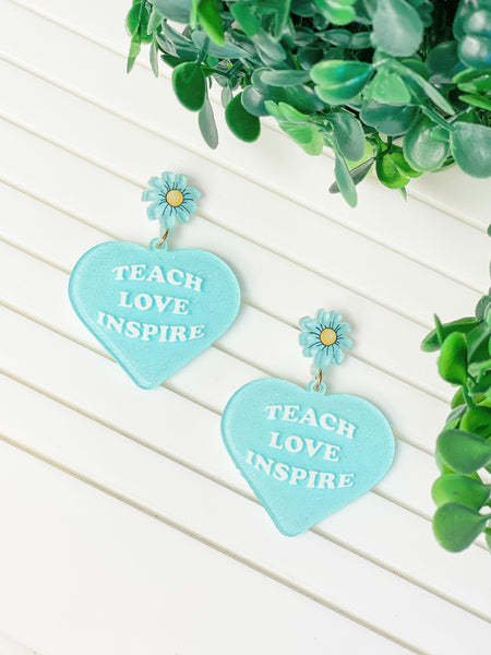 'Teach Love Inspire' Heart Dangle Earrings