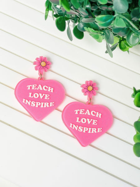 'Teach Love Inspire' Heart Dangle Earrings