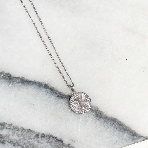 Cubic Zirconia Initial Disc Pendant Necklaces - White Gold