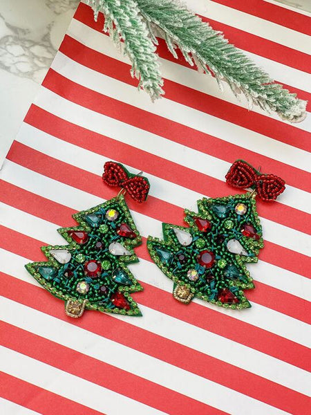 Ribbon Post Christmas Tree Dangle Earrings