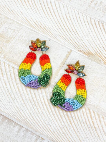 Lucky Rainbow Horseshoe Beaded Dangle Earrings