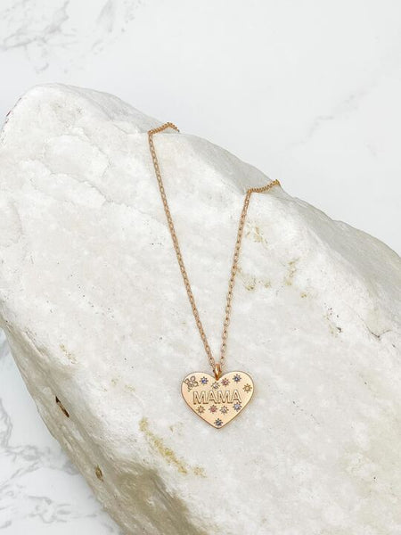 'Mama' Gold Rhinestone Heart Necklace