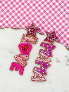 'Love Mama' Beaded Dangle Earrings - Pink