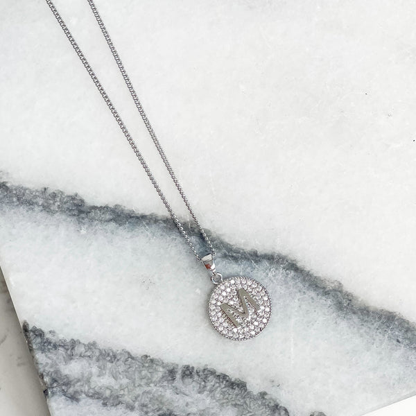 Cubic Zirconia Initial Disc Pendant Necklaces - White Gold