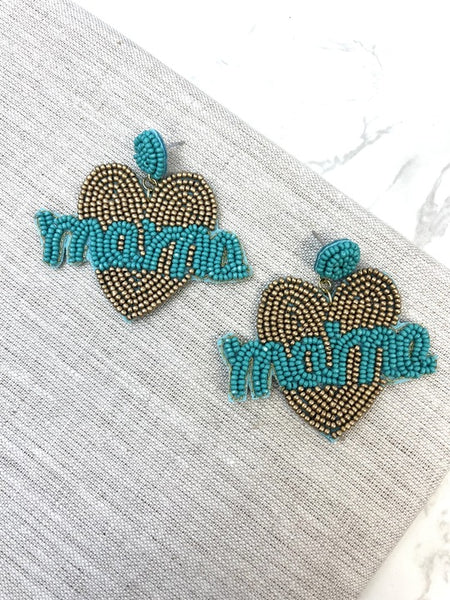 Mama Heart Beaded Dangle Earrings