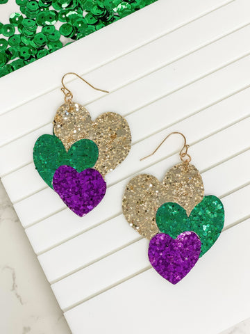 Mardi Gras Glitter Heart Dangle Earrings