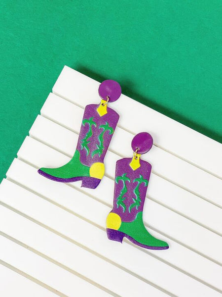 Mardi Gras Cowboy Boots Dangle Earrings