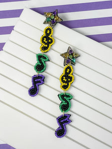 Mardi Gras Music Note Trio Beaded Dangle Earrings