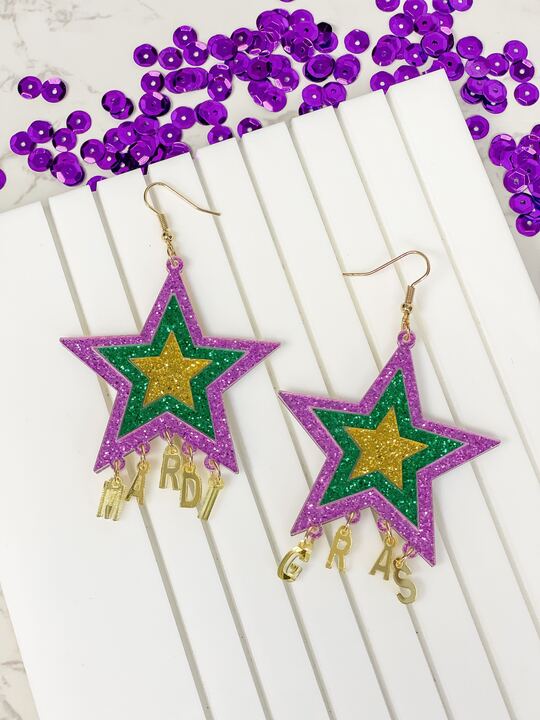 'Mardi Gras' Star Glitter Dangle Earrings