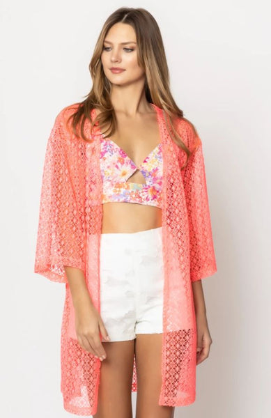 Mesh Long Cardigan - Pink