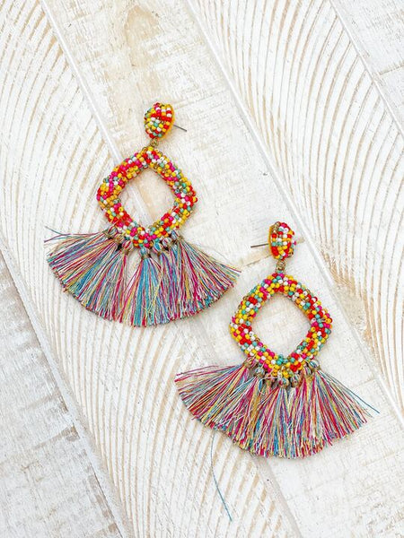 Seed Bead Fringe Dangle Earrings