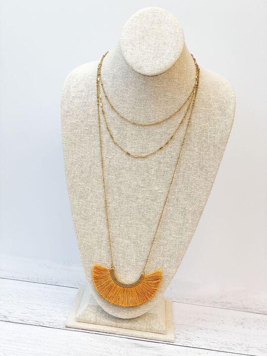 Layered Fringe Statement Long Necklace - Mustard Yellow