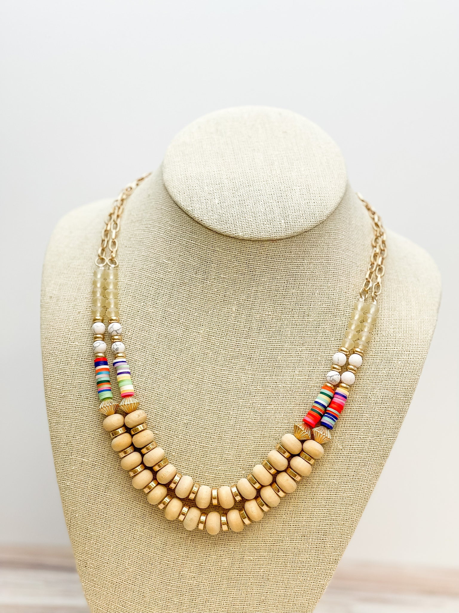 Wood Bead & Rubber Disk Mixed Necklace