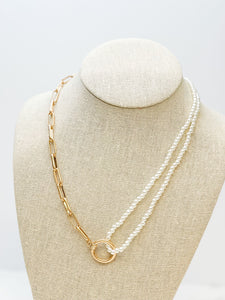 Pearl Bead & Gold Paperclip Asymmetrical Necklace