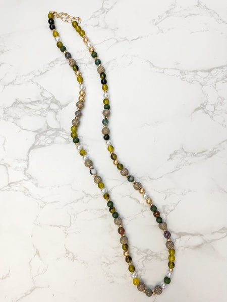 Tortoise Stone & Gold Beaded Long Necklace