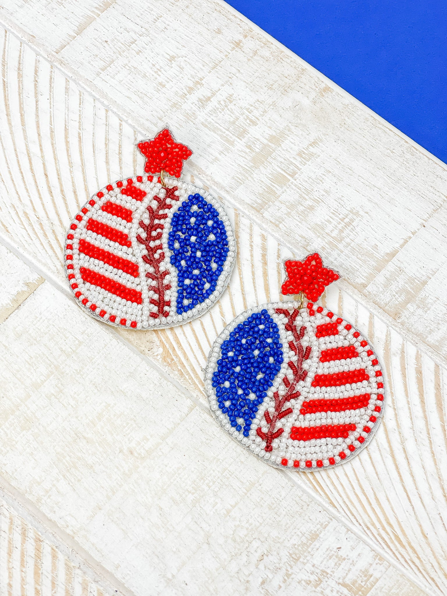 Patriotic Baseball Beaded Dangle Earrings