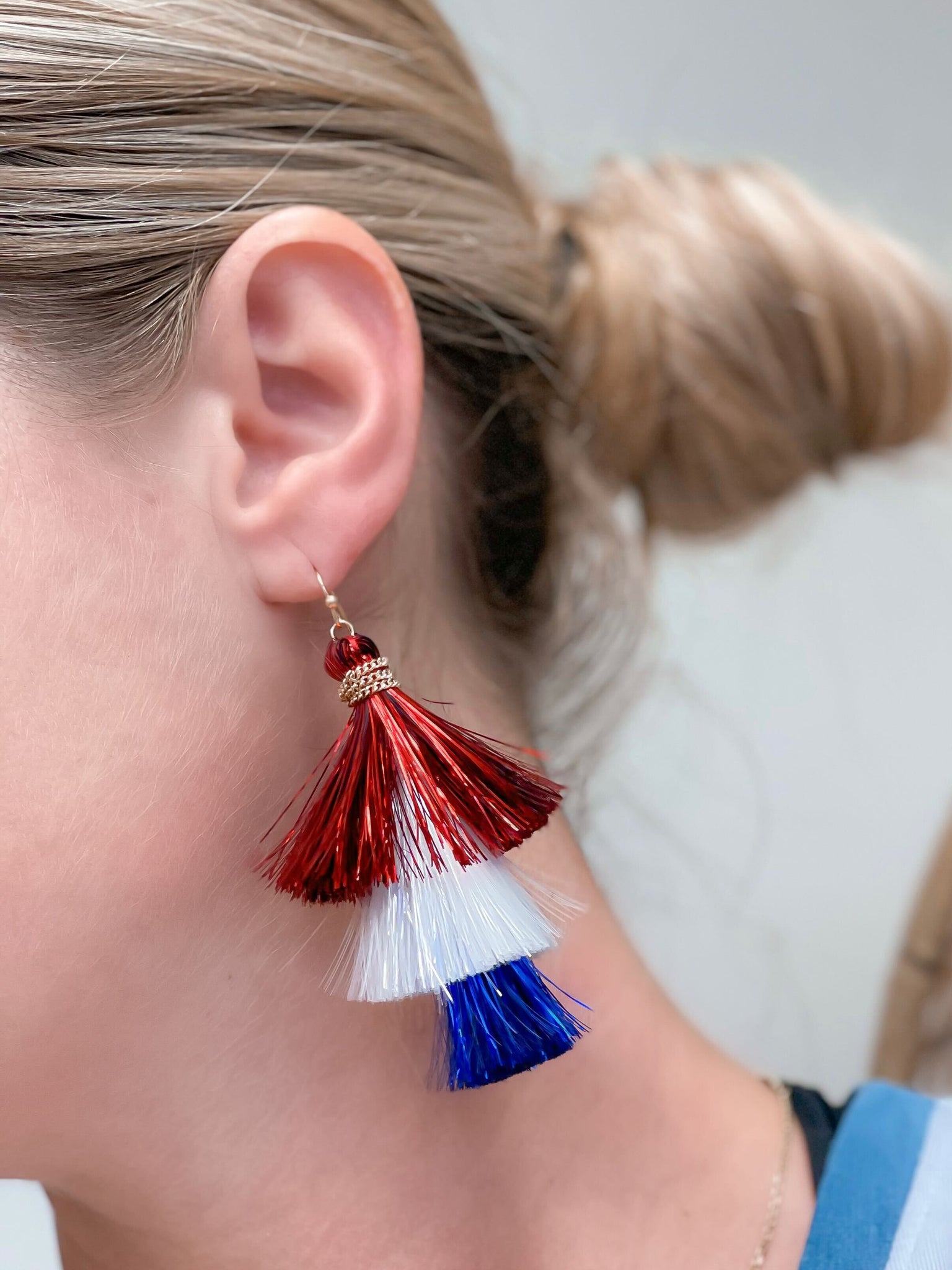 Patriotic Tinsel Tiered Tassel Earrings