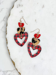 Patterned Heart Trio Tiered Dangle Earrings - Buffalo Check