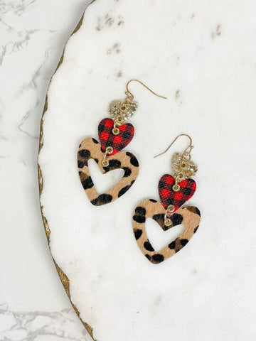 Patterned Heart Trio Tiered Dangle Earrings - Leopard
