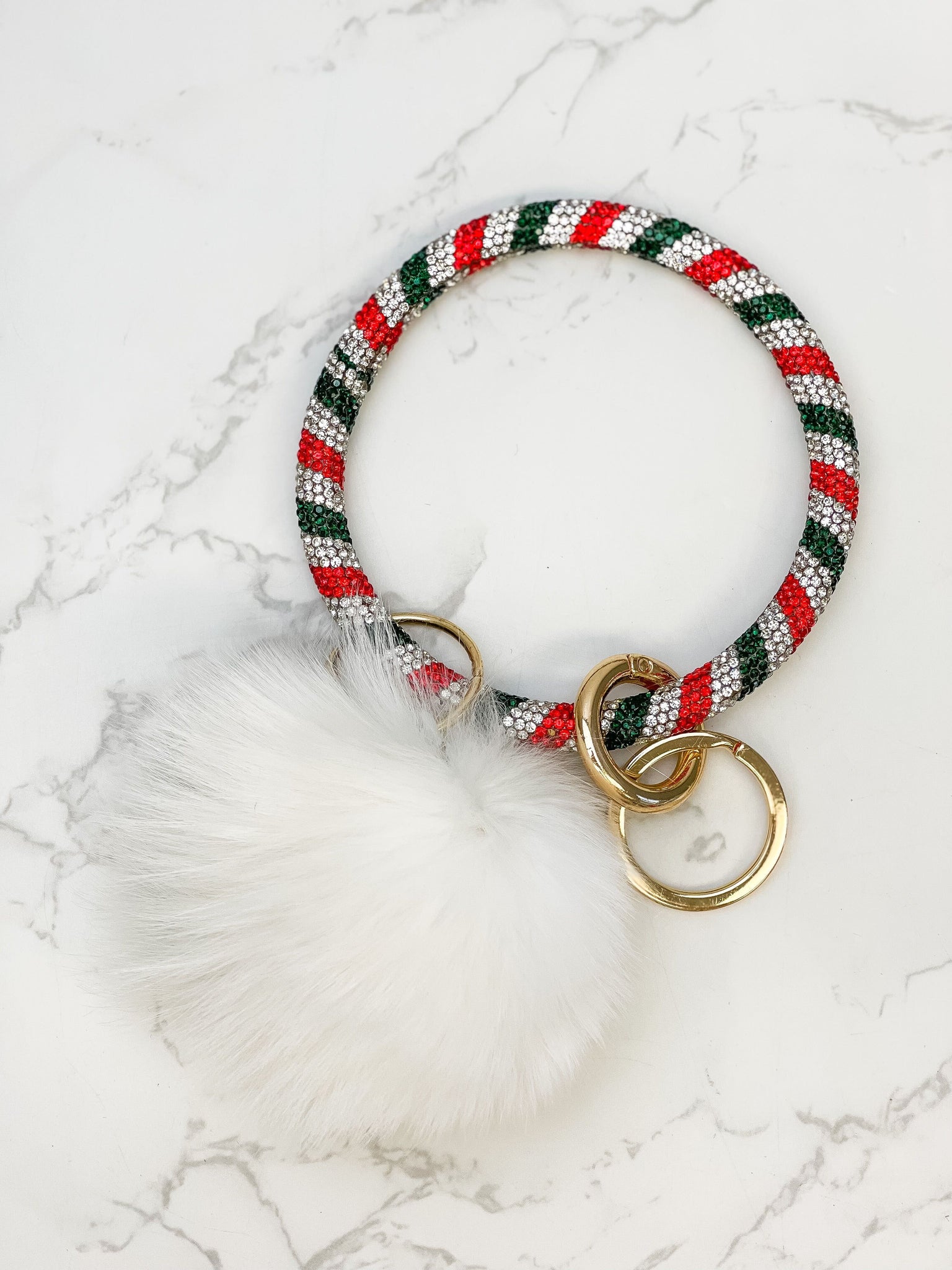Pom Pom Crystal Rhinestone Bangle Key Ring - White