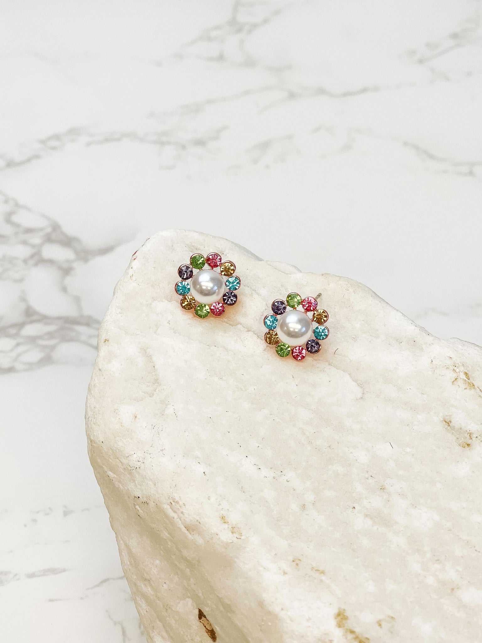 Rainbow Flower Pearl Stud Earrings