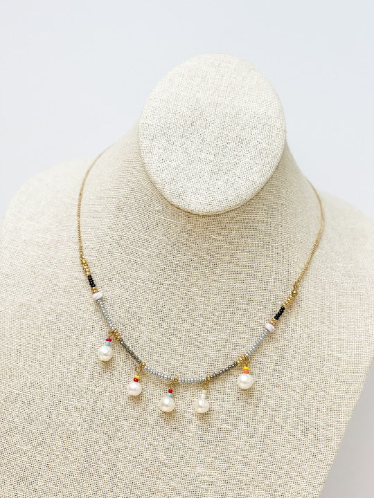 Pearl Dangle Beaded Necklace - Gray