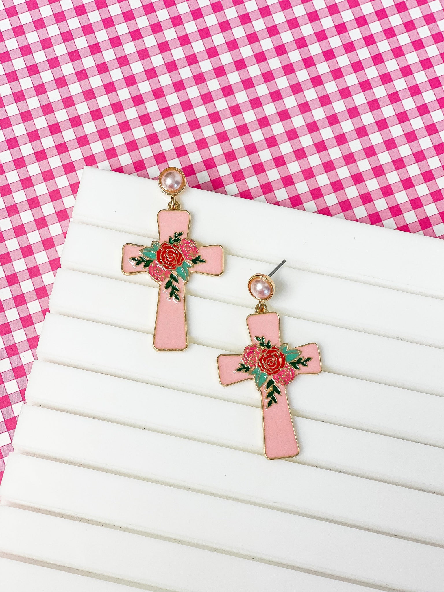 Pearl Post Floral Cross Dangle Earrings