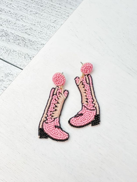 Beaded Rodeo Boot Dangle Earrings - Pink