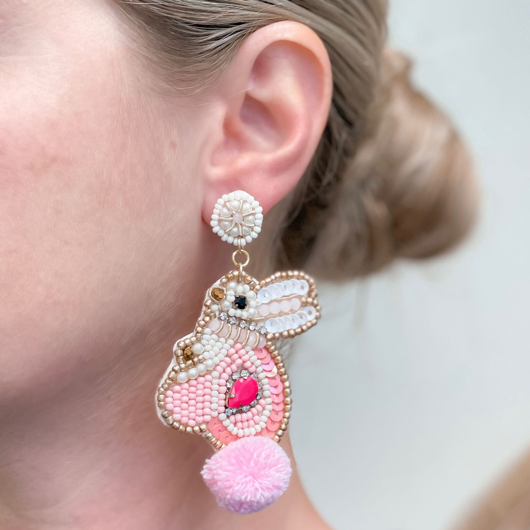 Bunny Seed Bead Statement Earrings - Pink
