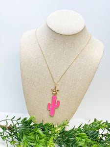 Pink Cactus Enamel Pendant Necklace