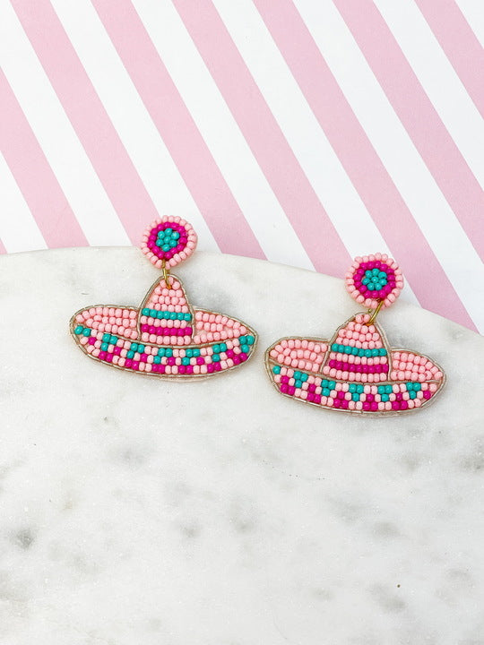 Pink Sombrero Beaded Dangle Earrings