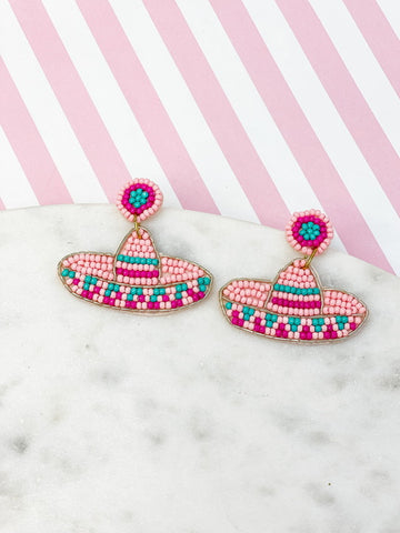 Pink Sombrero Beaded Dangle Earrings