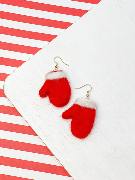 Plush Red Mitten Dangle Earrings