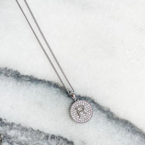 Cubic Zirconia Initial Disc Pendant Necklaces - White Gold