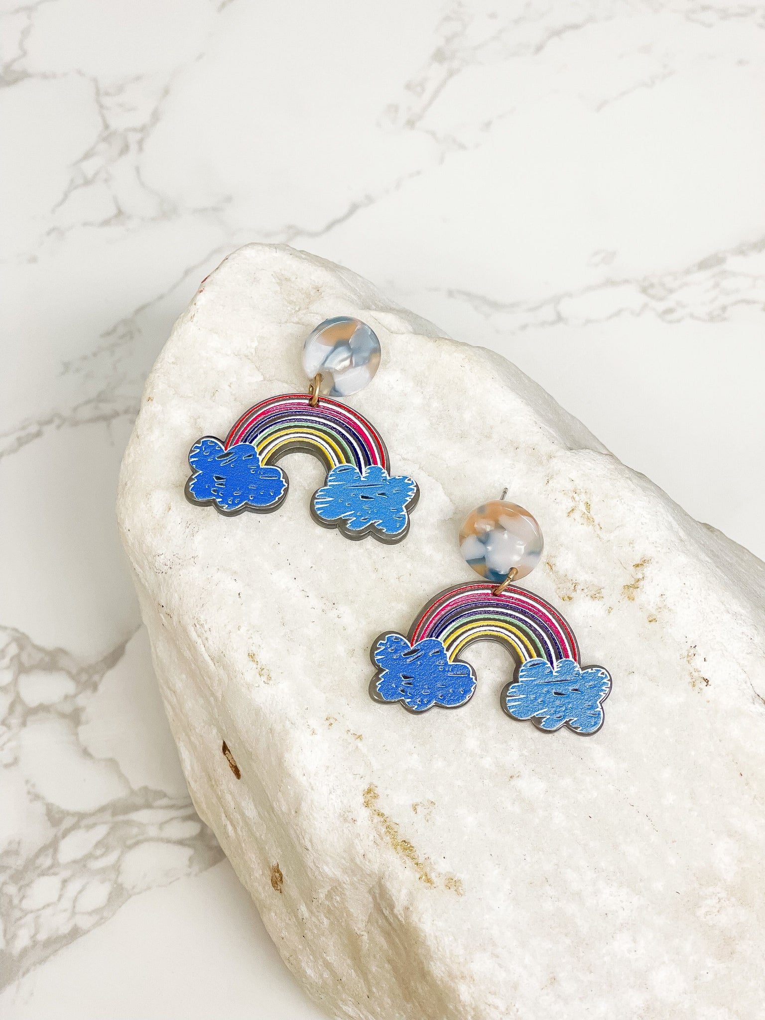 Rainbow & Clouds Acrylic Dangle Earrings - Blue