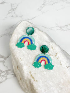 Rainbow & Clouds Acrylic Dangle Earrings - Green