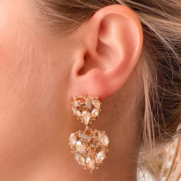 Rhinestone Heart Dangle Earrings - Champagne