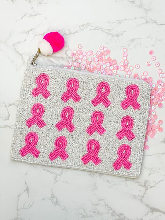 Pink Ribbon Beaded Zip Pouch