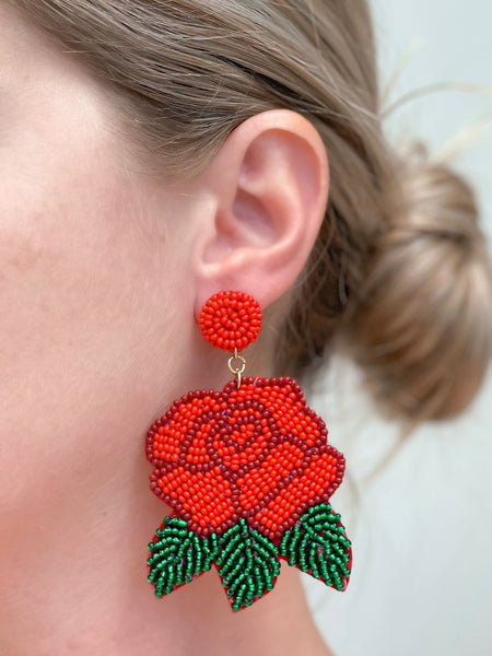 Red Rose Beaded Dangle Earrings