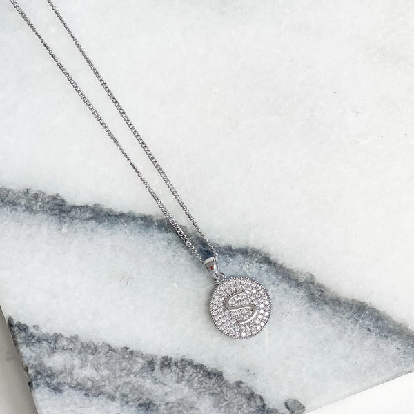 Cubic Zirconia Initial Disc Pendant Necklaces - White Gold