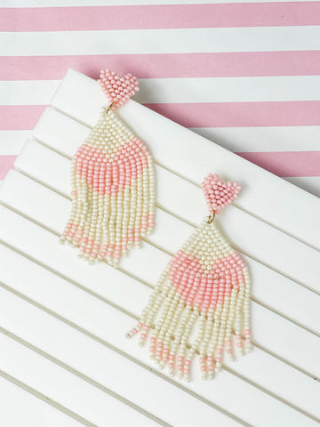 Seed Bead Tassel Heart Earrings