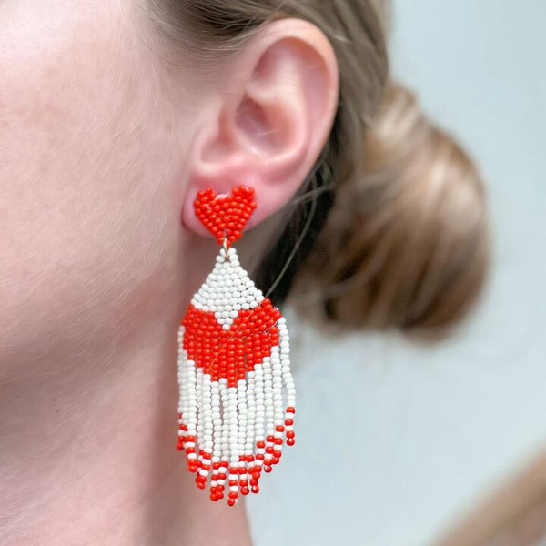 Seed Bead Tassel Heart Earrings