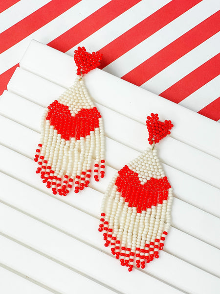 Seed Bead Tassel Heart Earrings