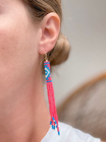 Seed Beaded Fringe Drop Dangles - Hot Pink