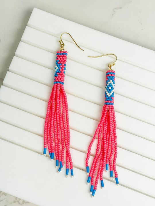 Seed Beaded Fringe Drop Dangles - Hot Pink