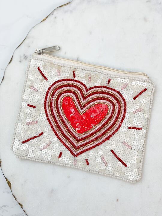 Heartbeat Valentine Beaded Zip Pouch