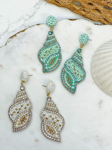 Beaded Rhinestone Shell Dangle Earrings