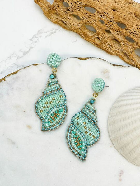 Beaded Rhinestone Shell Dangle Earrings